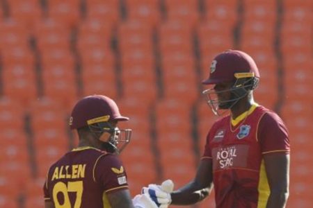 Jason Holder (right) and Fabian Allen’s partnership spared the Windies blushes in the first ODI which the team went on to lose heavily.