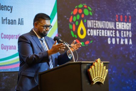 President Irfaan Ali delivering the keynote address at the opening of the conference and expo. (DPI photo)