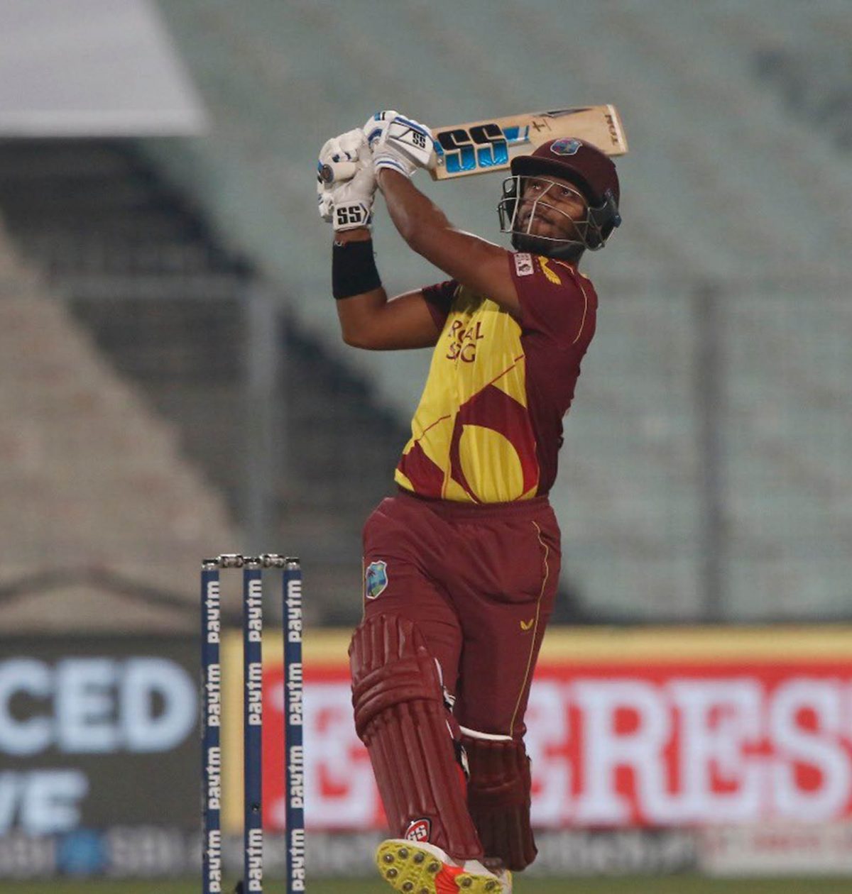 Left-hander Nicholas Pooran on the attack during his half-century yesterday. (Photo courtesy BCCI)
