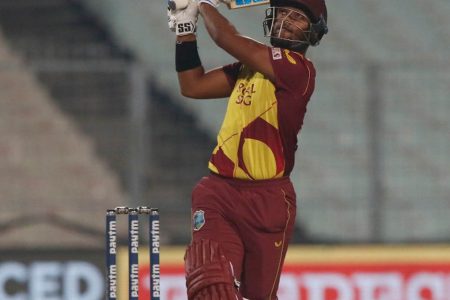 Left-hander Nicholas Pooran on the attack during his half-century yesterday. (Photo courtesy BCCI)
