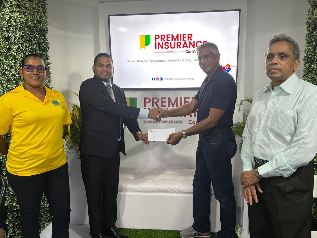 CEO of Premier Insurance, Anil Singh (second from left) hands over the sponsorship cheaque to DCB secretary, Devteerth Anandjit in the presence of DCB Administrator Kavita Yadram (left) and Assistant Secretary Ronald Williams