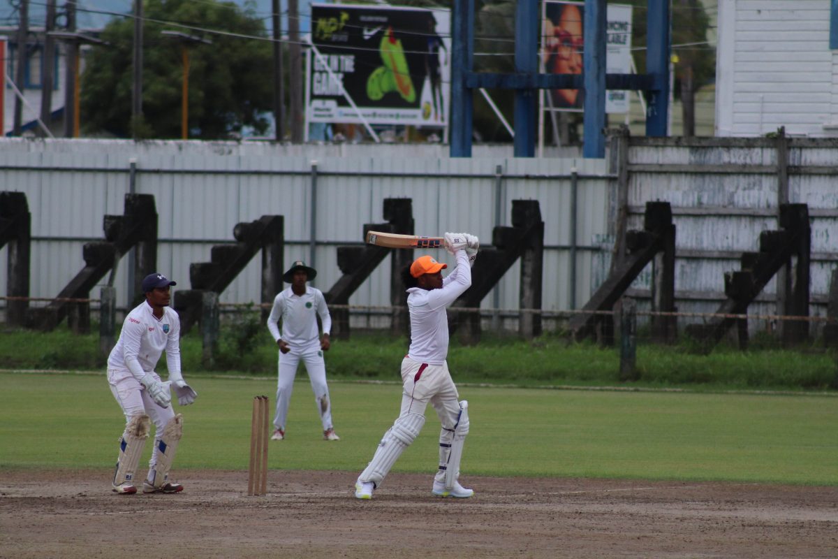 Quentin Sampson launched a six over long on and into the Guyana Cricket Board head office (Romario Samaroo photo)