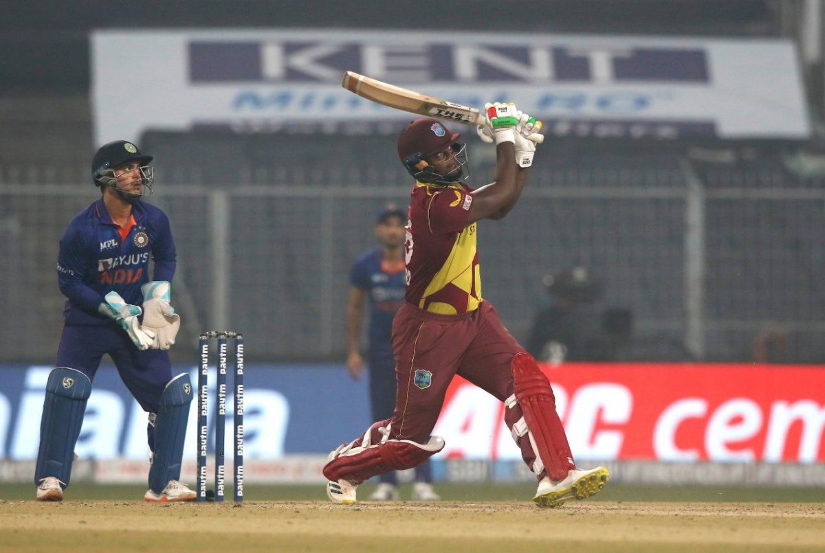 Romario Shepherd goes on the attack during his cameo 29 in yesterday’s third T20 International. (Photo courtesy BCCI) 