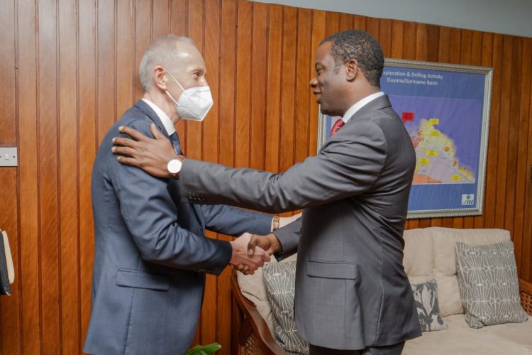 Minister of Foreign Affairs Hugh Todd (right) yesterday met with the Russian Ambassador to Guyana Alexander Kurmaz. (Ministry of Foreign Affairs photo)