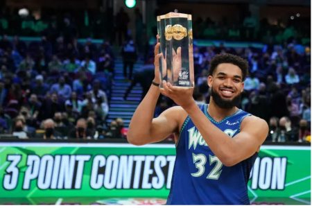Karl Anthony Towns of the Minnesota Timberwolves displays the NBA All Star three point shootout trophy.