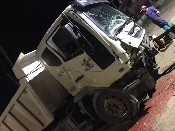 The smashed front of the truck following the accident 