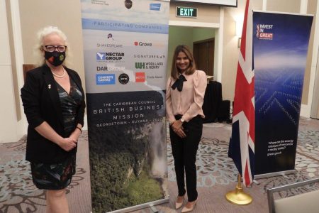 A number of UK businesses are here on a visit to scope out opportunities. In this UK High Commission photo taken yesterday, High Commissioner Jane Miller (left) stands next to a display of the names of the companies on the visit.