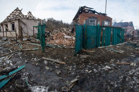 A view shows residential buildings destroyed by an air strike, as Russia's attack on Ukraine continues, in the town of Okhtyrka, in the Sumy region, Ukraine, in this handout picture released March 15, 2022.  Press service of the 93rd Separate Mechanised Brigade of the Ukrainian Ground Forces/Handout via REUTERS