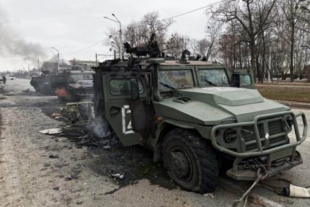 A view shows destroyed Russian Army all-terrain infantry mobility vehicles Tigr-M (Tiger) on a road in Kharkiv, Ukraine, February 28. REUTERS/Vitaliy Gnidyi