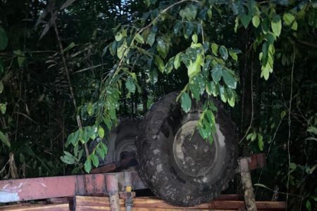 The truck laden with wood that was involved in the incident. (Guyana Police Force photo)