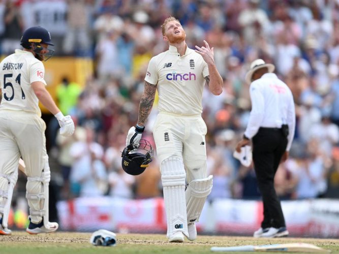 Ben Stokes of England celebrating his century against the West Indies during the 2nd test in Bridgetown, Barbados (mirror.co.uk photo)
