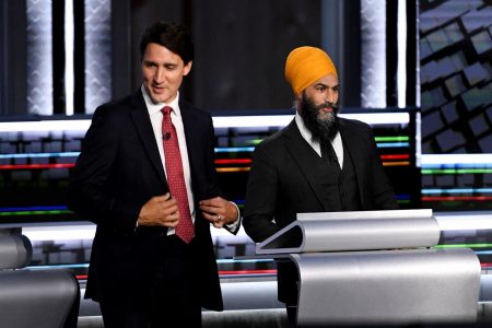 Liberal Leader Justin Trudeau (left) and NDP Leader Jagmeet Singh take part in the federal election English-language Leaders debate in Gatineau, Canada, September 9, 2021. Justin Tang/Pool via REUTERS/File Photo