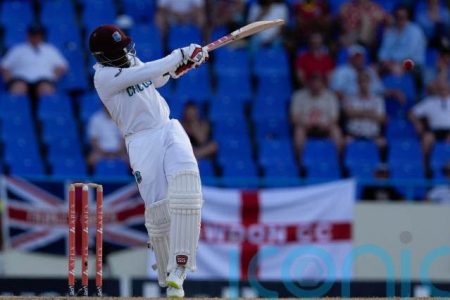 West Indies batsman Nkrumah Bonner unleashing a pull shot against England in route to this maiden test century on day three in Antigua and Barbuda