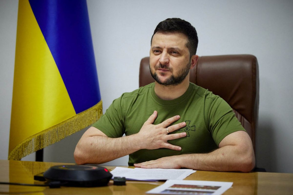 Ukraine's President Volodymyr Zelenskiy addresses French lawmakers via video link, as Russia's attack on Ukraine continues, in Kyiv, Ukraine March 23, 2022. Ukrainian Presidential Press Service/Handout via REUTERS 