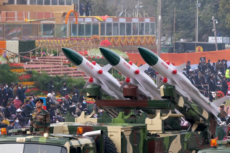 An Indian Army Akash missile launcher rolls through the ceremonial Rajpath during the Republic Day parade in New Delhi, India, on Jan. 26, 2022.