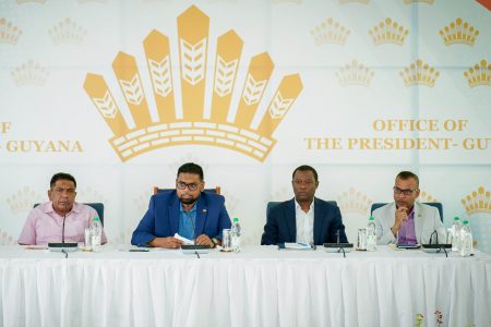 President Irfaan Ali (second from left)  at the press conference yesterday. Also in photo from left are Agriculture Minister Zulfikar Mustapha, Foreign Minister Hugh Todd and Foreign Secretary Robert Persaud. (Office of the President photo)