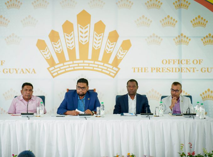 President Irfaan Ali (second from left)  at the press conference yesterday. Also in photo from left are Agriculture Minister Zulfikar Mustapha, Foreign Minister Hugh Todd and Foreign Secretary Robert Persaud. (Office of the President photo)