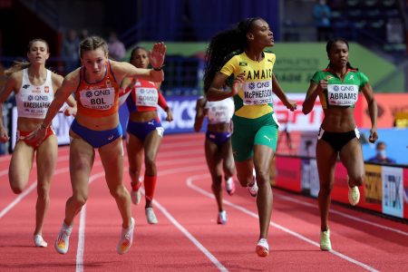 Aliyah Abrams (right) competing at the World Athletic Indoor Championship which was staged in Belgrade, Serbia last weekend
