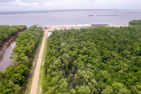 An aerial view of the area cleared of mangroves at the site for the construction of the CGX deep water port