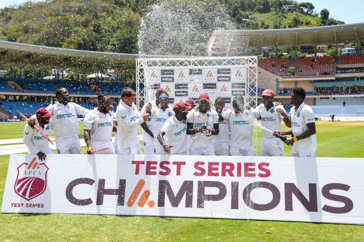 CHAMPAGNE MOMENT! The West Indies players celebrate their 1-0 Apex Series triumph over England like only West Indians can. (Photo courtesy Twitter)