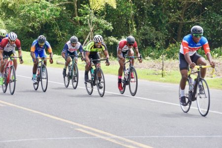 Team Evolution’s Curtis Dey, a former National Road Race Champion showed his class by dominating a quality field in the 22nd Cheddi Jagan Memorial 45-mile road race at West Demerara. (Emmerson Campbell photo)