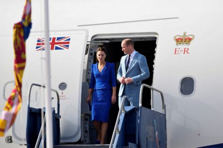 Britain’s Prince William and Catherine, Duchess of Cambridge arrive at Philip S. W. Goldson International Airport, Belize City, Belize, March 19, 2022. (REUTERS/Toby Melville/Pool )