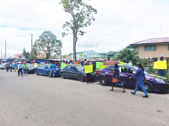 Skeldon drivers during a demonstration on Monday
