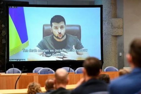 Ukrainian President Zelenskiy addresses the Dutch parliament via video link