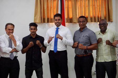 The principals of the‘Guyana Fight Night Road to Redemption’ card met with Minister of Sports, Charles Ramson Jr, Director of Sport, Steve Ninvalle and Chairman of the National Sports Commission, Kashif Muhammad at the Main Street office yesterday where Ramson Jr., pledged support for the April 23 event at the National Stadium.

