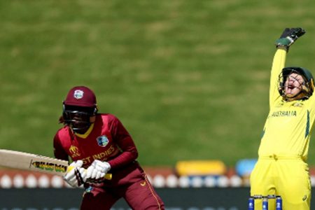 Wicketkeeper Alyssa Healy appeals successfully for an lbw decision against West Indies captain Stafanie Taylor.
