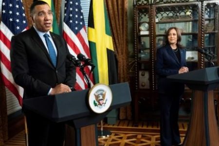 Prime Minister of Jamaica Andrew Holness with US Vice President Kamala Harris following their meeting at the Eisenhower Executive Office Building on the White House complex, in Washington, DC yesterday. - AP photo