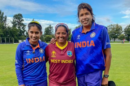 RECORD-BREAKING THREE! From left, Mithali Rai, most runs in women’s One Day Internationals, Anisa Mohammed, most wickets by a spinner in ODI’s and Jhulan Goswami, most wickets overall and by a pacer in ODI’s.