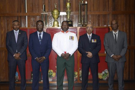 The Guyana Defence Force on Tuesday evening hosted a traditional “Dining out” dinner for four of its recently retired Officers.
The former Officers honoured were Colonel (Ret’d) Jawahar Persaud (second from right), Lieutenant Colonel (Ret’d) Dwain Jervis (second from left) and Majors (Ret’d) Roderick Leitch (right) and Bhageshwar Murli (left).
The event was held at the Officers’ Mess, Base Camp Ayanganna, a release from the GDF said.
Chief of Staff Brigadier Godfrey Bess (centre), Colonel General Staff, Colonel Julius Skeete, Director National Intelligence and Security Agency, Colonel Omar Khan and Other Senior Officers were also present, the release added. (GDF photo)