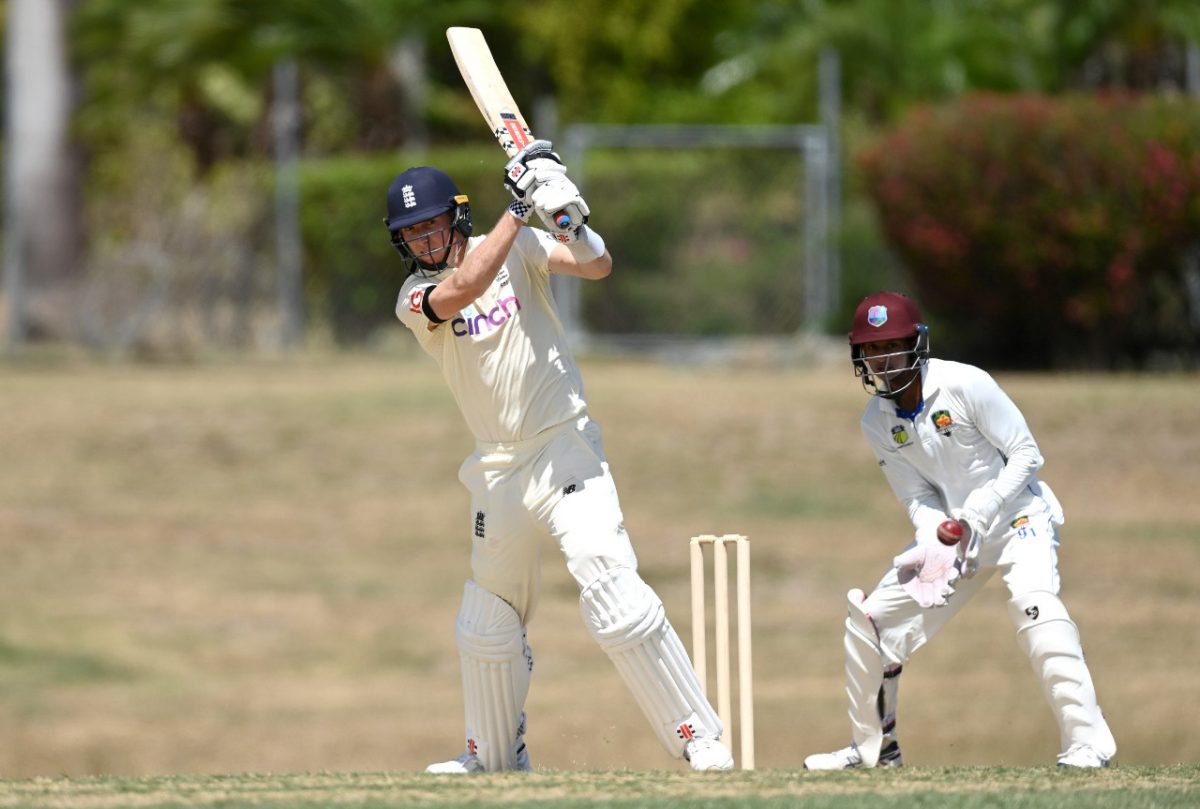 England captain Joe Root is bowled by fast bowler  Sherman Lewis (out of picture) yesterday. (Photo courtesy CWI Media)