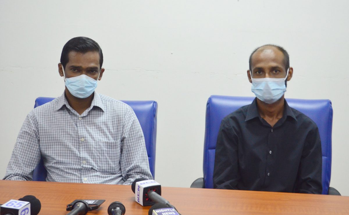 Nephrologist Dr Hemchand Barran (left) and Dr Bolan Persaud, who is attached to the GPH Transplant and Vascular Surgery Department at the press conference yesterday (Orlando Charles photo)