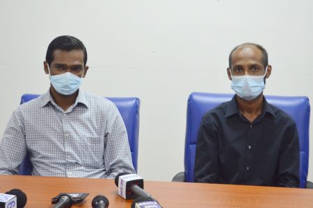 Nephrologist Dr Hemchand Barran (left) and Dr Bolan Persaud, who is attached to the GPH Transplant and Vascular Surgery Department at the press conference yesterday (Orlando Charles photo)