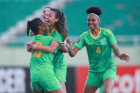 Flashback! Some members of the Guyana Lady Jaguars team celebrate a goal against Honduras in the team’s opening encounter. (Photo courtesy Concacaf website)