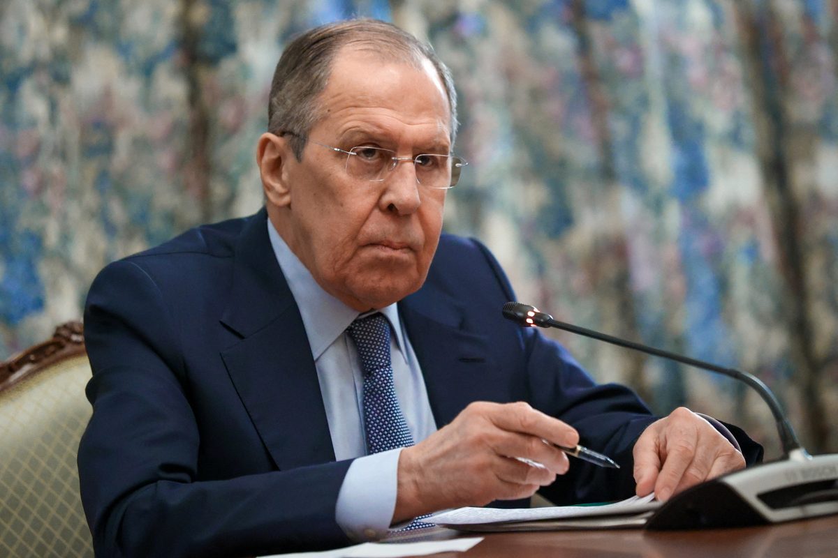 Russia’s Foreign Minister Sergei Lavrov attends a meeting with Vladislav Deinego, head of the Foreign Ministry of the self-proclaimed Lugansk People’s Republic, and Sergei Peresada, deputy head of the Foreign Ministry of the self-proclaimed Donetsk People’s Republic, in Moscow, Russia February 25, 2022. Russian Foreign Ministry/Handout via REUTERS 