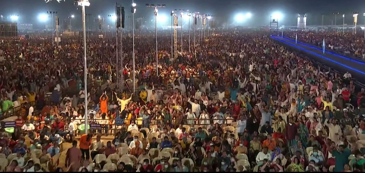 A view of the audience at the Sadhguru’s Maha Shiv Ratri celebrations in India yesterday. INSET: Soca artiste Machel Montano performs during the celebrations.