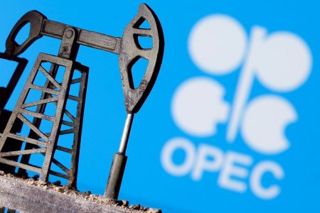 FILE PHOTO: A 3D printed oil pump jack is seen in front of displayed OPEC logo in this illustration picture, April 14, 2020. REUTERS/Dado Ruvic/Illustration/File Photo