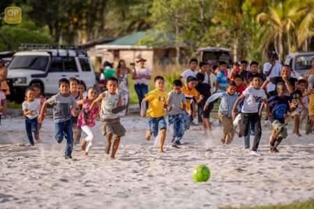 Children of Pakuri getting set for a game of football. This Office of the President photo was taken during President Irfaan Ali’s visit to the Region Four community on Saturday.