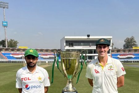 The Australia and Pakistan captains Pat Cummins and Babar Azam with the Benaud/Quadir series trophy.