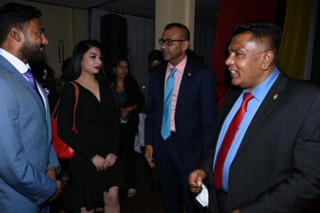 President of the Chaguanas Chamber of Industry and Commerce Richie Sookhai (left) interacts with Foreign Secretary Robert Persaud and Minister of Agriculture Zulfikar Mustapha