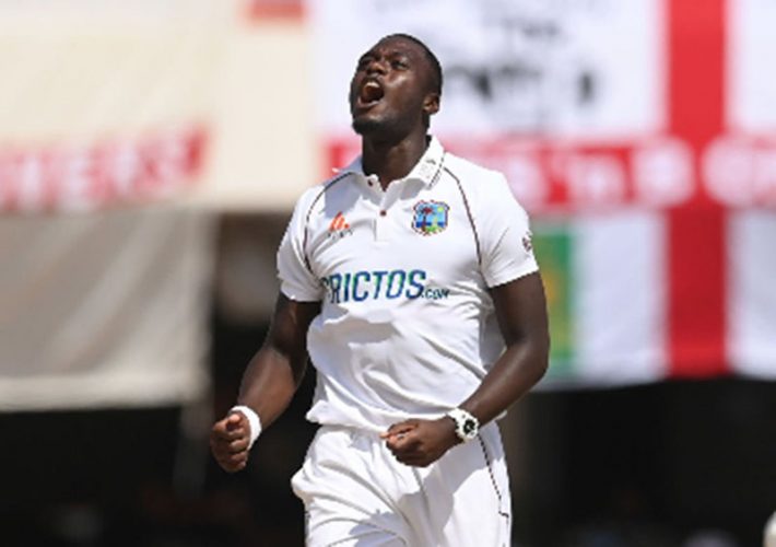 Fast bowler Jayden Seales celebrates a wicket during the opening Test.