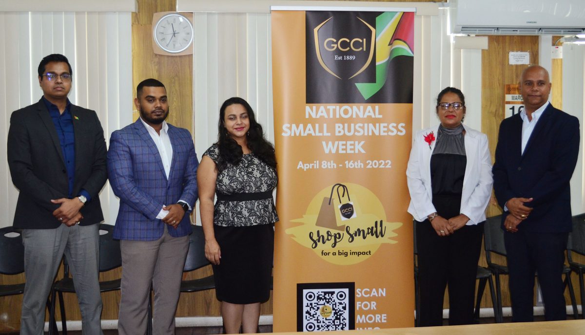 From left are Chairman of the GCCI’s Entrepreneurship and Small Business Committee Dr Rosh Khan, GCCI Executive Director Richard Rambarran, Vice Chair of the Entrepreneurship and Small Business Committee, Evie Kanhai-Gurchuran, Secretary and Chairperson of the GCCI Green Economy Committee, Shaleeza Shaw; and GCCI President Timothy Tucker at yesterday’s launch of National Small Business Week (Orlando Charles photo)