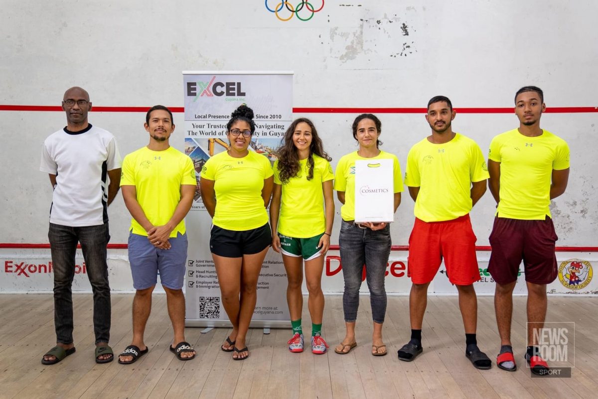 Part of the official roster of the Guyana Senior Squash Team which will compete at the Pan American Championships from April 3rd – 9th in Guatemala. From left to right: Manager Garfield Wiltshire, Alex Arjoon, Ashley Khalil, Gabrielle Fraser, Nicolette Fernandes, Kristian Jeffrey, and Samuel Ince-Carvalhal. Missing are Mary Fung-A-Fat and Jason Ray Khalil.