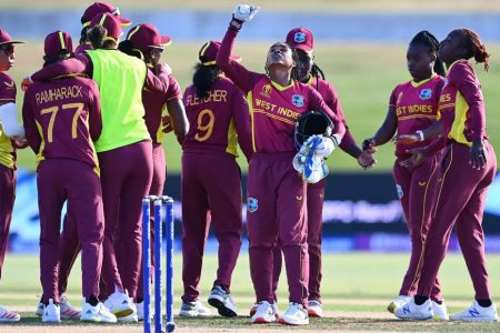 RELIEF! The West Indies women’s team celebrate their nerve-wracking four-run defeat of Bangladesh women in the ongoing ICC women’s World Cup competition.