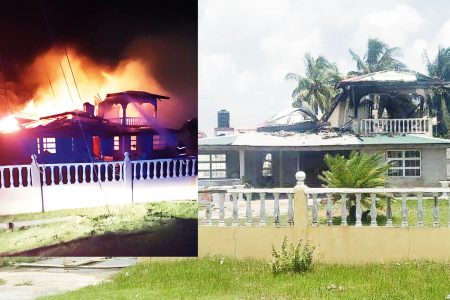 The burnt remains of the house. Inset is the house on fire (GFS photos)