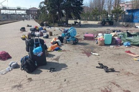A view of people's belongings on the ground after a missile strike on a railway station in Kramatorsk, Ukraine, in this picture uploaded on April 8, 2022 and obtained from social media. Ministry of Defence Ukraine/via REUTERS 