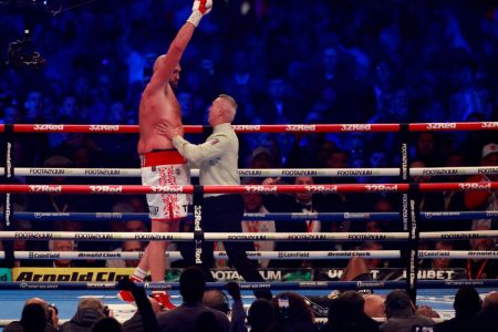 Tyson Fury celebrates winning his fight against Dillian Whyte Action Images via Reuters/Peter Cziborra